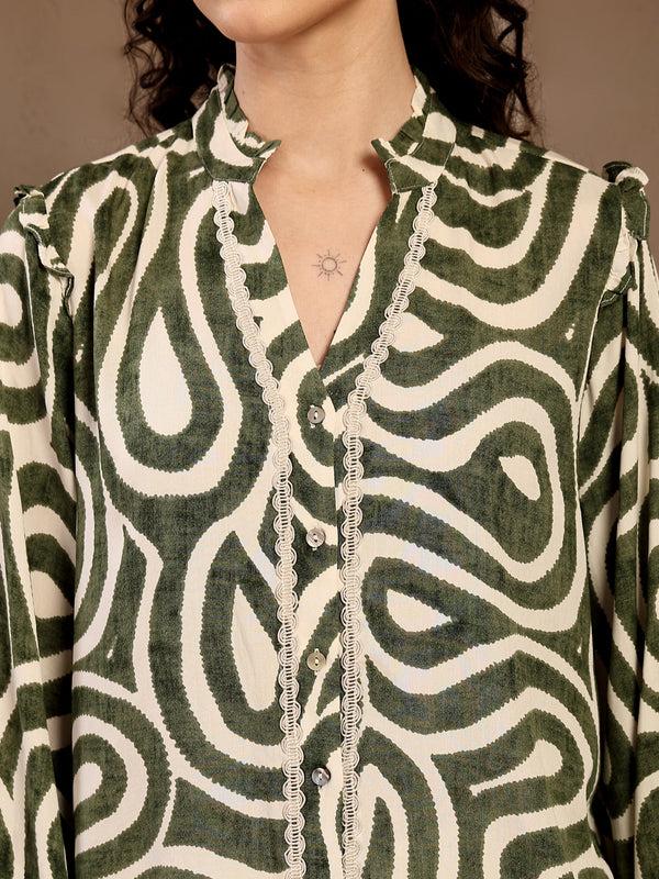 Gipsy Gipsy Green Band Neck Printed Rayon Blouse