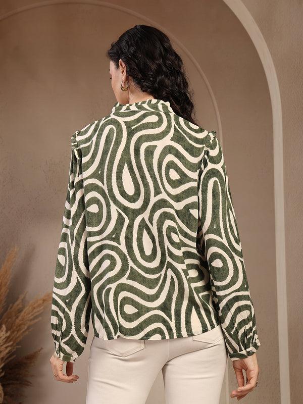 Gipsy Gipsy Green Band Neck Printed Rayon Blouse