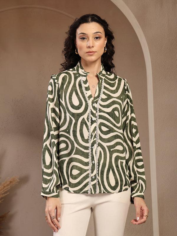 gipsy Gipsy Green Band Neck Printed Rayon Blouse