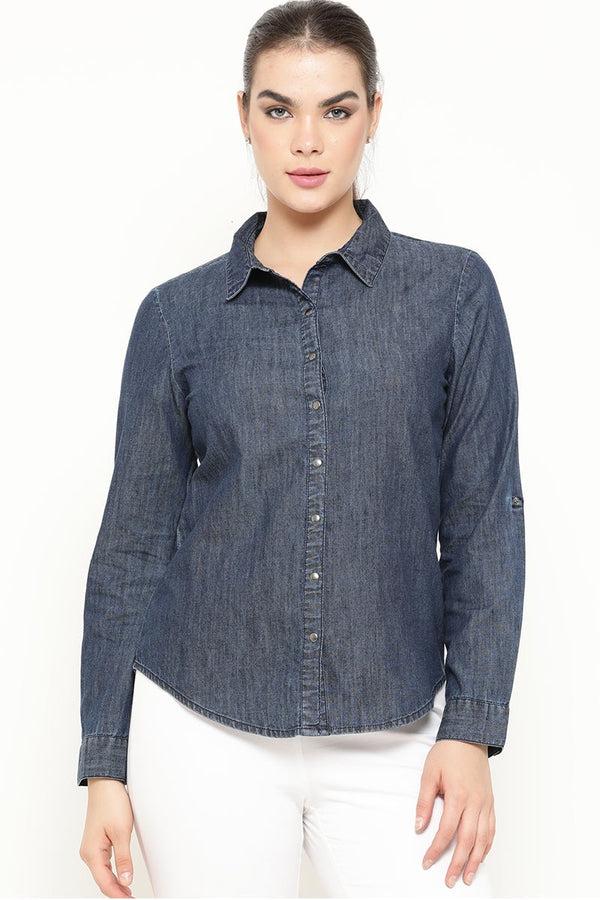 Gipsy Gipsy Indigo Blue Solid Cotton Shirt Blue