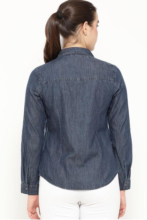 Gipsy Gipsy Indigo Blue Solid Cotton Shirt Blue