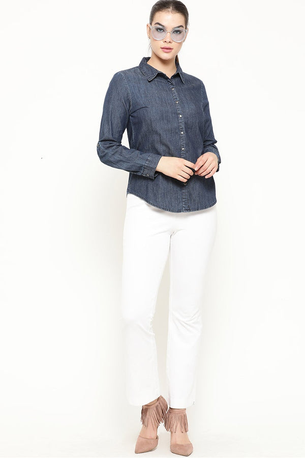 gipsy Gipsy Indigo Blue Solid Cotton Shirt Blue