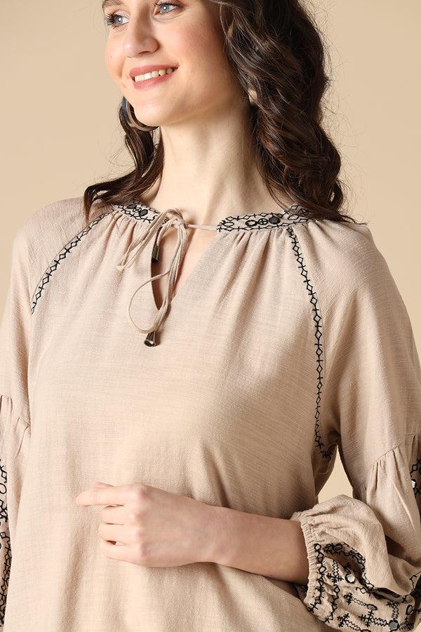 Gipsy Gipsy Khaki Fashion Round Neck Linen Tunic
