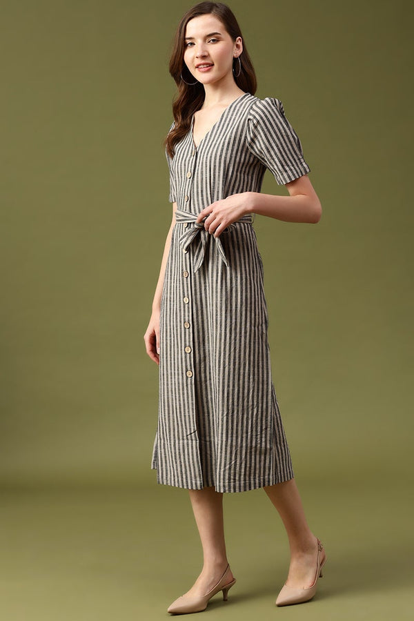 Gipsy Gipsy Khaki Striped Linen Dress Khaki