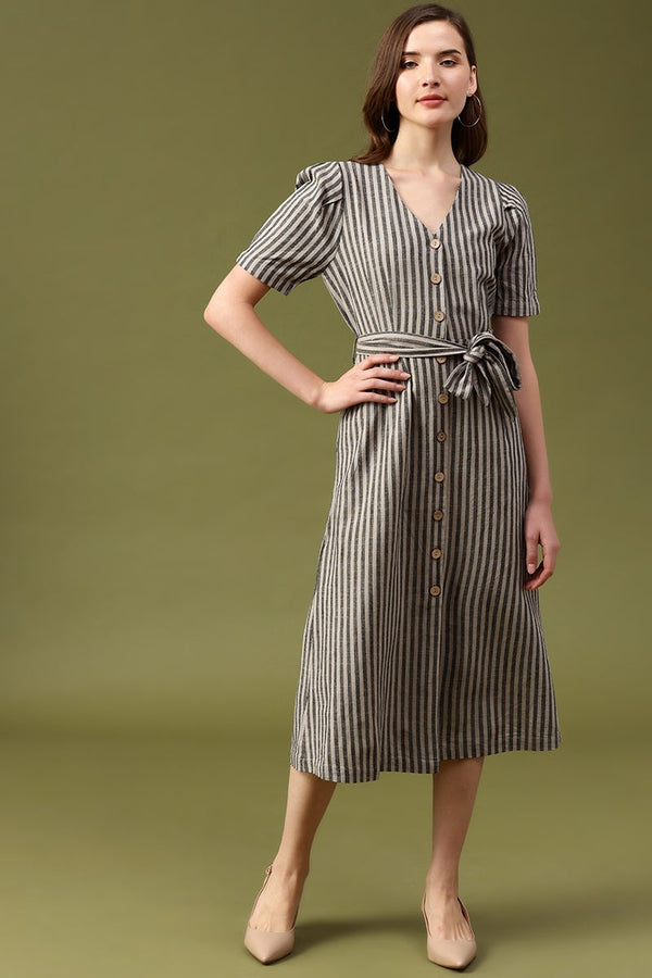gipsy Gipsy Khaki Striped Linen Dress Khaki