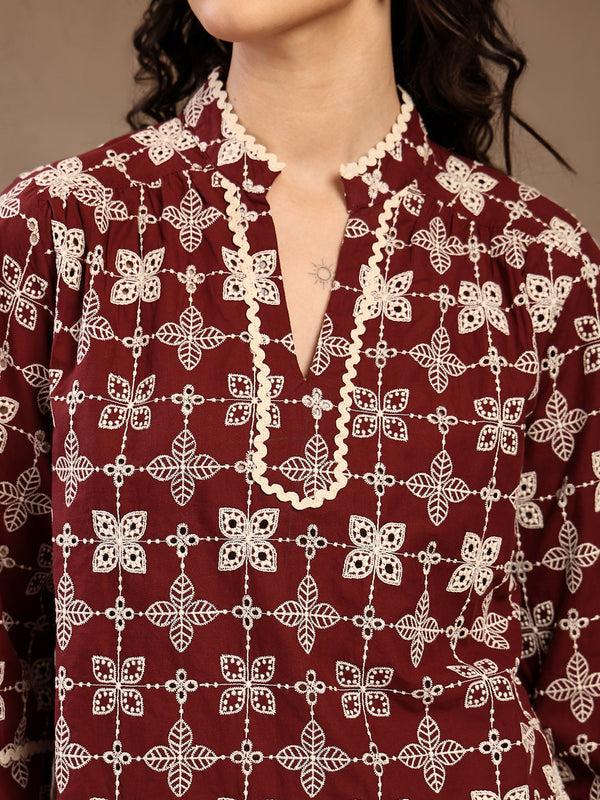 Gipsy Gipsy Maroon Embroidered Cotton Tunic