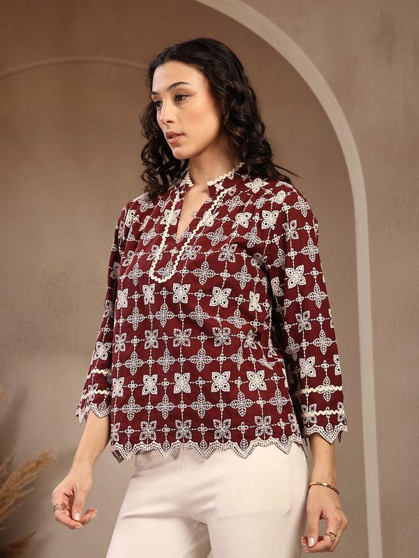 Gipsy Gipsy Maroon Embroidered Cotton Tunic