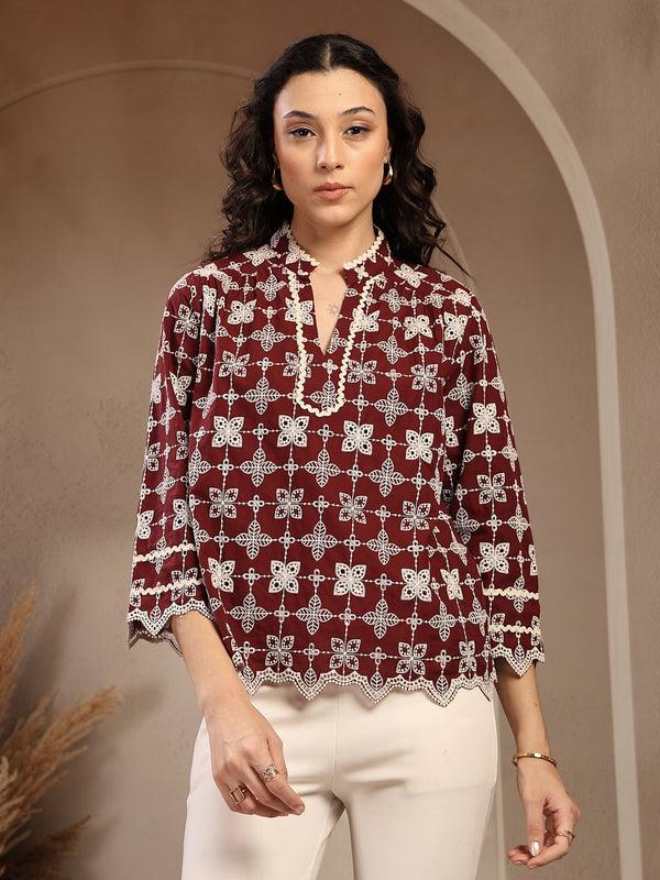 gipsy Gipsy Maroon Embroidered Cotton Tunic