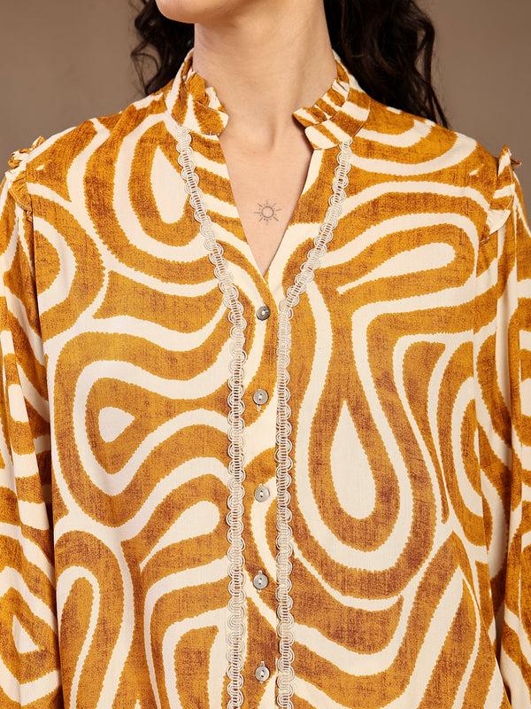 Gipsy Gipsy Mustard Band Neck Printed Rayon Blouse