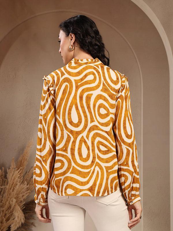 Gipsy Gipsy Mustard Band Neck Printed Rayon Blouse