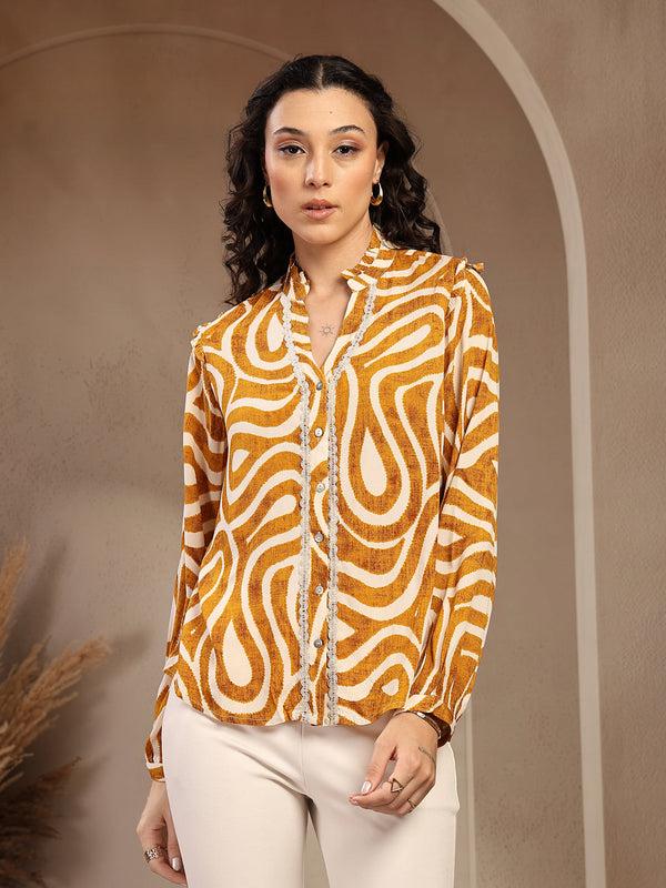gipsy Gipsy Mustard Band Neck Printed Rayon Blouse