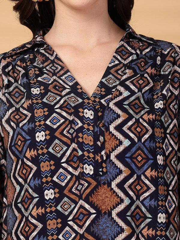 Gipsy Gipsy Navy Geometric Printed Rayon Tunic
