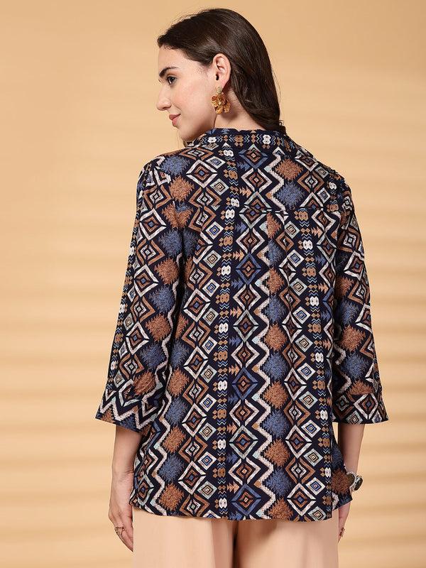Gipsy Gipsy Navy Geometric Printed Rayon Tunic
