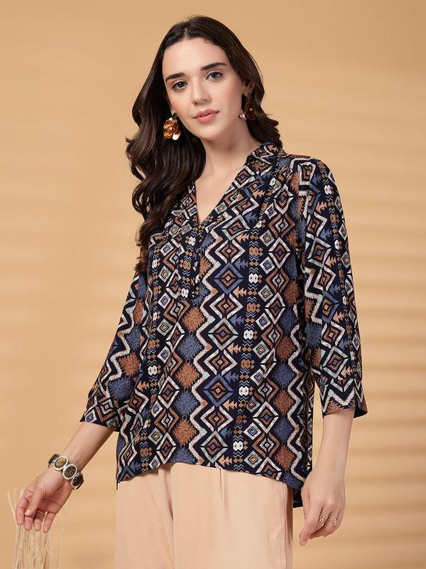 Gipsy Gipsy Navy Geometric Printed Rayon Tunic