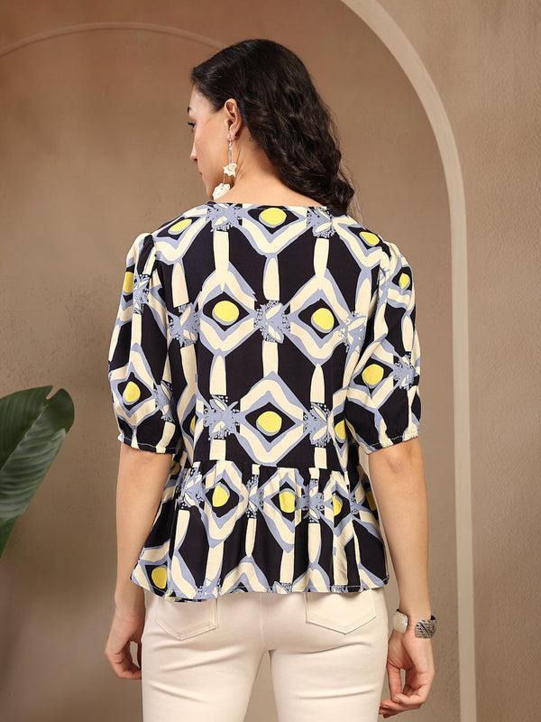 Gipsy Gipsy Navy Printed Rayon Blouse Navy