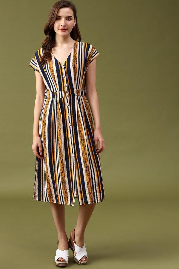 gipsy Gipsy Navy Striped Crepe Dress Navy Blue
