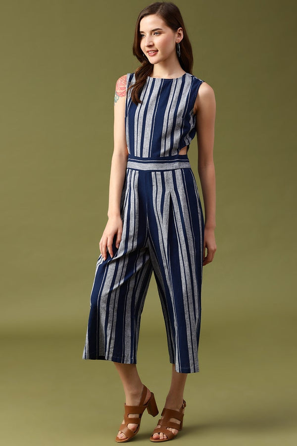 Gipsy Gipsy Navy Striped Linen Jump Suit Navy Blue