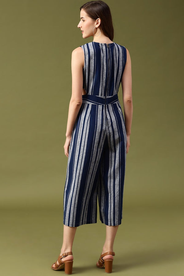 Gipsy Gipsy Navy Striped Linen Jump Suit Navy Blue