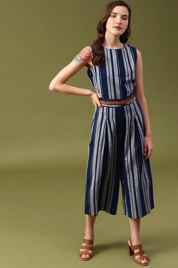 gipsy Gipsy Navy Striped Linen Jump Suit Navy Blue