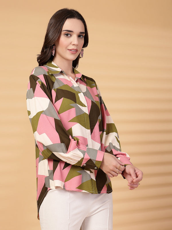 Gipsy Gipsy Olive Abstract Printed Rayon Shirt
