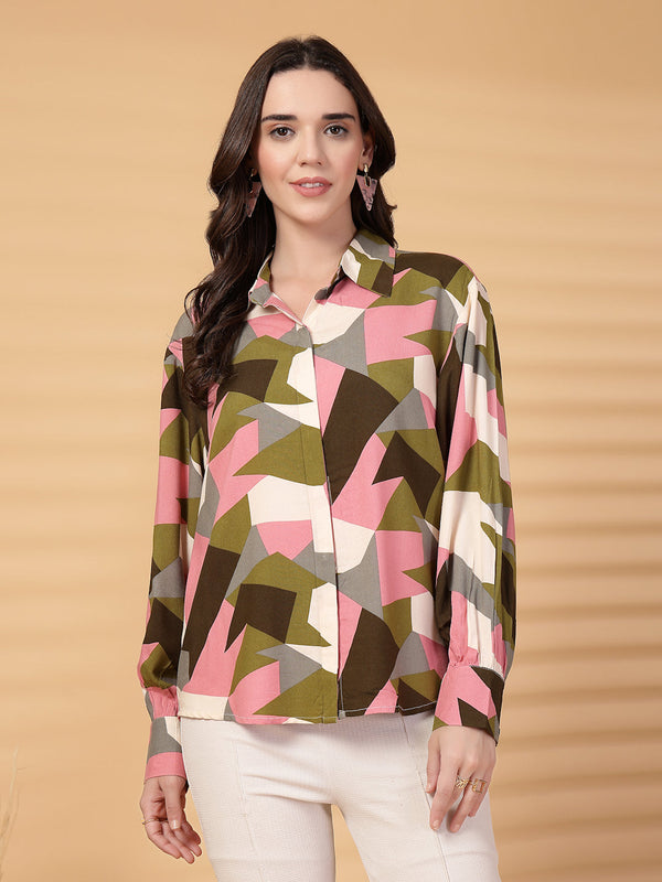 gipsy Gipsy Olive Abstract Printed Rayon Shirt