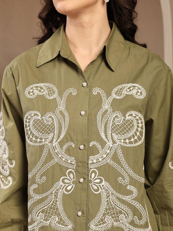 Gipsy Gipsy Olive Embroidered Cotton Shirt
