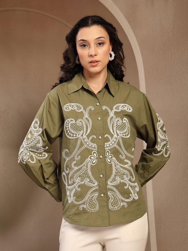 gipsy Gipsy Olive Embroidered Cotton Shirt