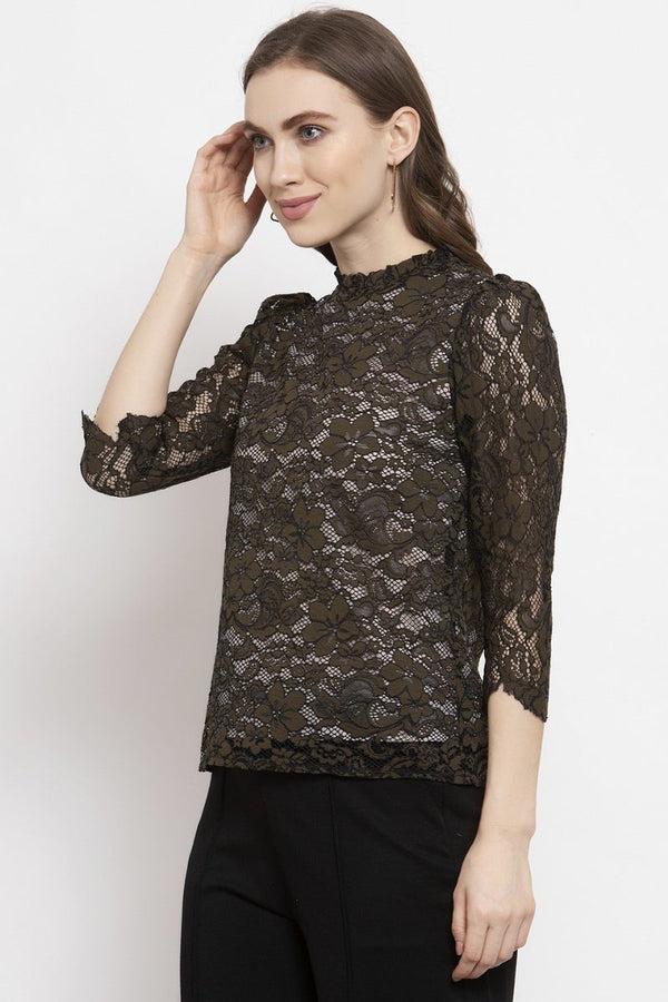 Gipsy Gipsy Olive Floral Net Top Olive