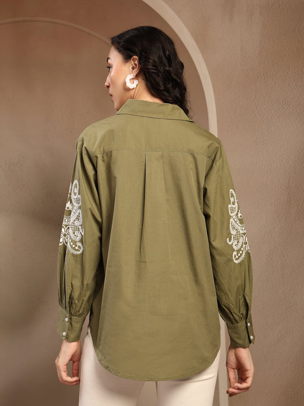 Gipsy Gipsy Olive Solid Cotton Shirt Olive