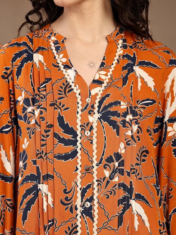 Gipsy Gipsy Orange Floral Printed Rayon Tunic