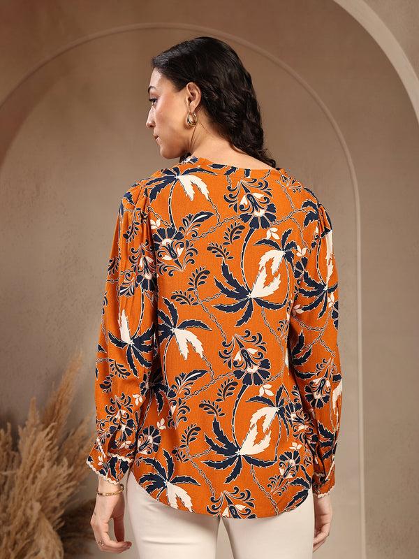 Gipsy Gipsy Orange Floral Printed Rayon Tunic