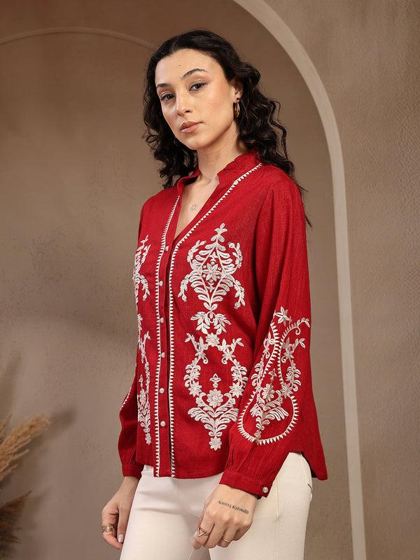 Gipsy Gipsy Red Solid Viscose Tunic Red