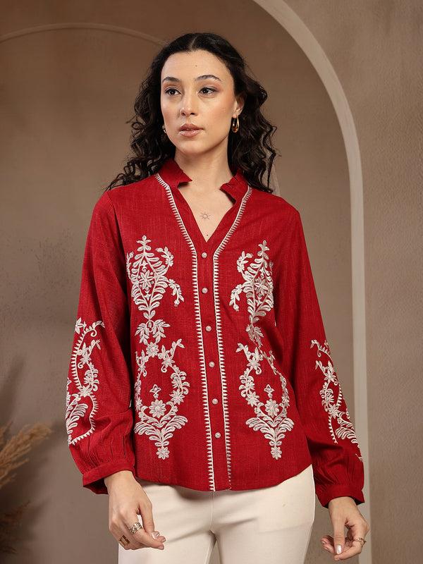 gipsy Gipsy Red Solid Viscose Tunic Red