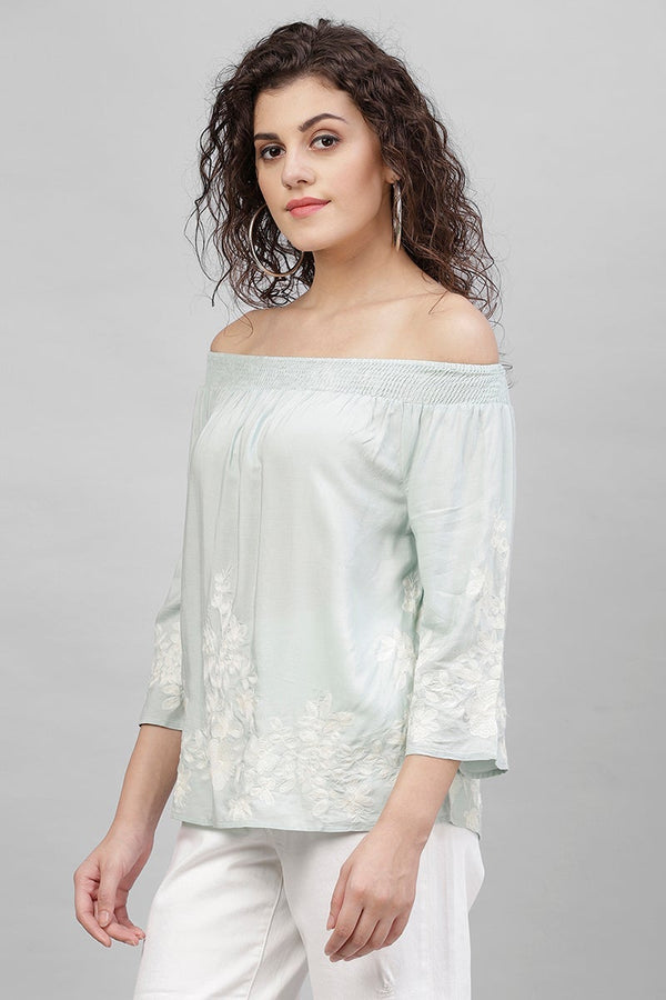 Gipsy Gipsy Sage Embroidered Cotton Linen Top Blue