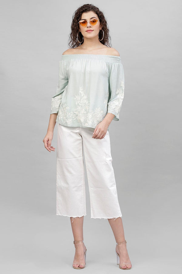 Gipsy Gipsy Sage Embroidered Cotton Linen Top Blue