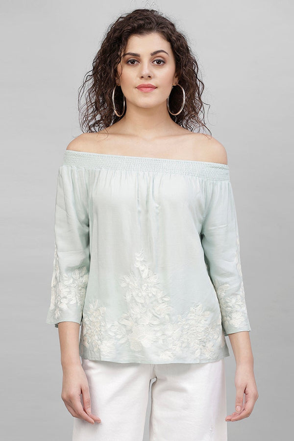gipsy Gipsy Sage Embroidered Cotton Linen Top Blue