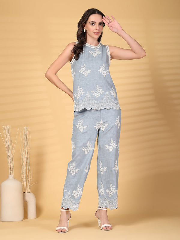 gipsy Gipsy Sky Blue Embroidered Top With Pants