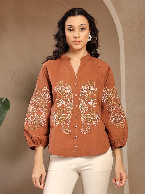 gipsy Gipsy Tan Embroidered Cotton Tunic Tan