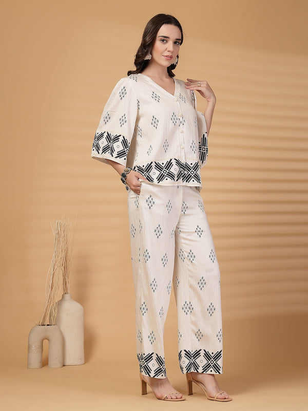 Gipsy Gipsy White Printed Rayon Top With Pants