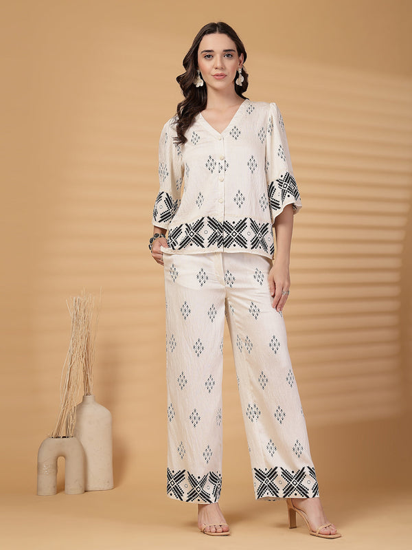 gipsy Gipsy White Printed Rayon Top With Pants