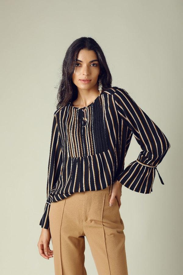 Gipsy GIPSY Womens Key Hole Neck Striped Top Black