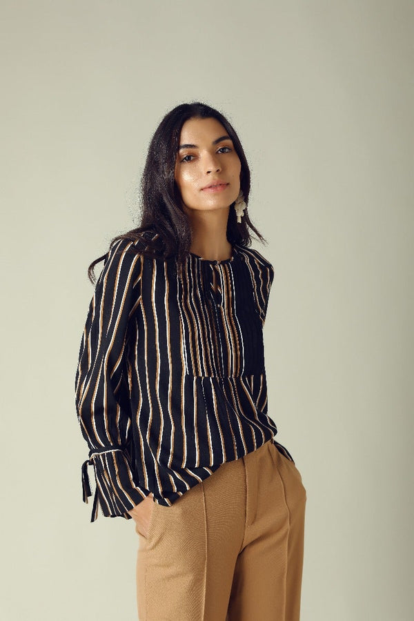 Gipsy GIPSY Womens Key Hole Neck Striped Top Black