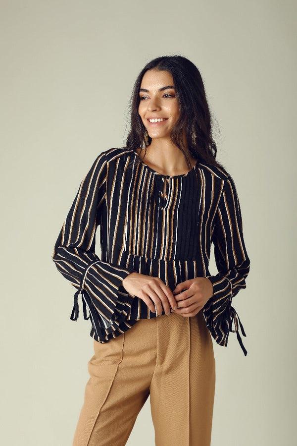 gipsy GIPSY Womens Key Hole Neck Striped Top Black