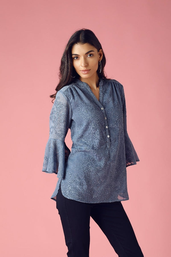 Gipsy GIPSY Womens Mandarin Collar Lace Tunic Grey