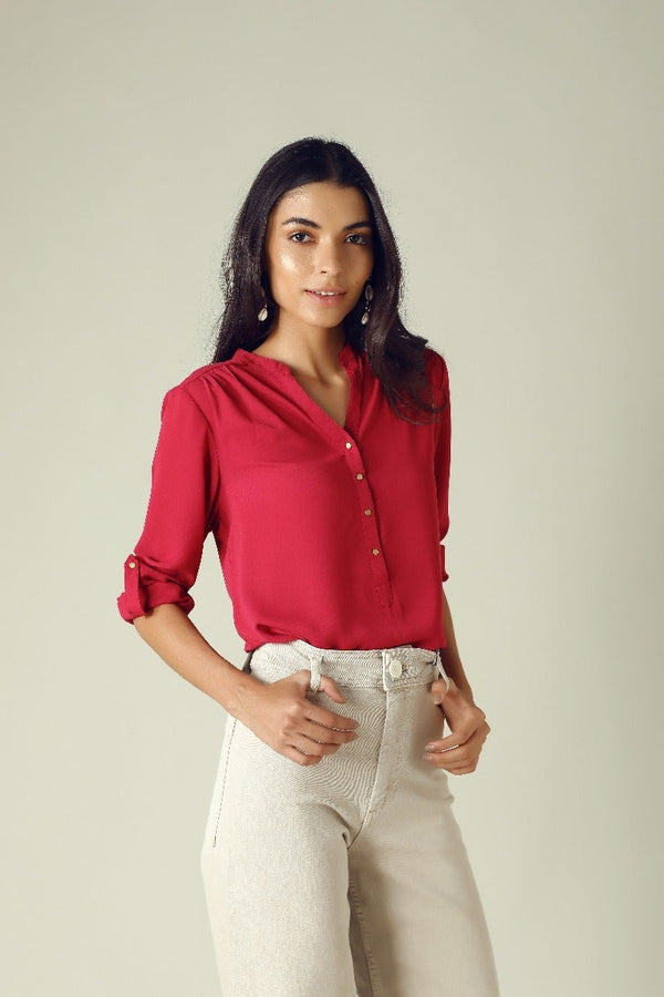 Gipsy GIPSY Womens Mandarin Collar Solid Tunic Red