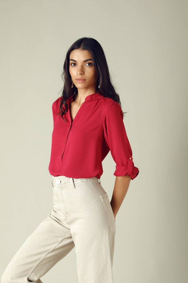 Gipsy GIPSY Womens Mandarin Collar Solid Tunic Red