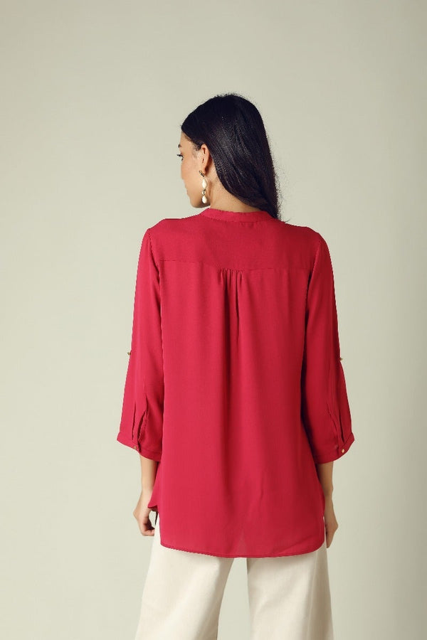 Gipsy GIPSY Womens Mandarin Collar Solid Tunic Red