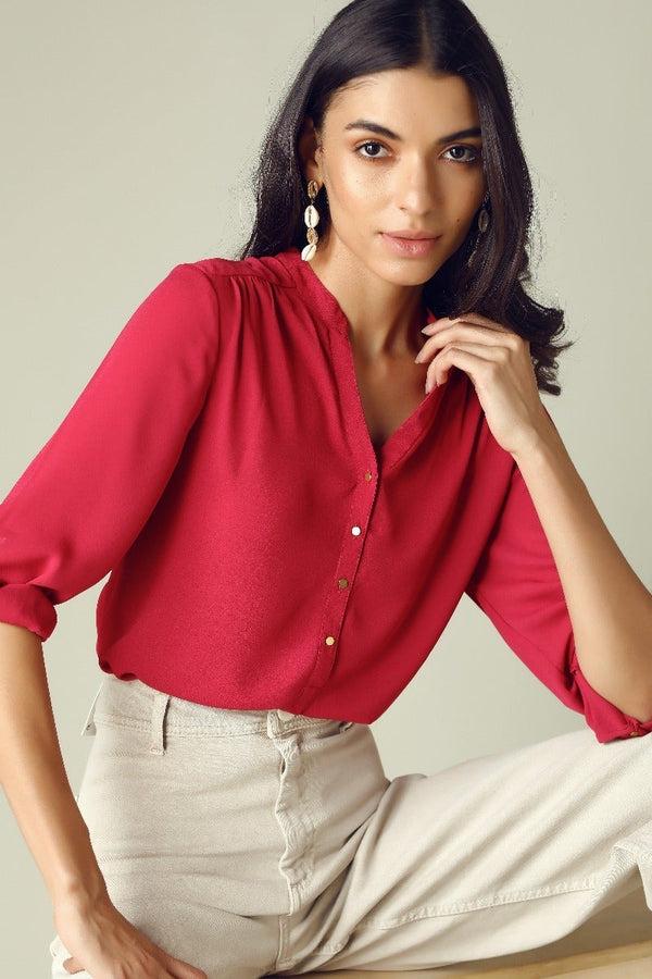 gipsy GIPSY Womens Mandarin Collar Solid Tunic Red