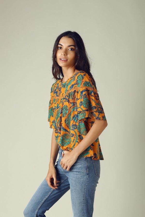 Gipsy GIPSY Womens Round Neck Printed Top Yellow