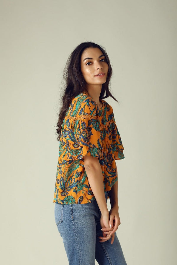 Gipsy GIPSY Womens Round Neck Printed Top Yellow